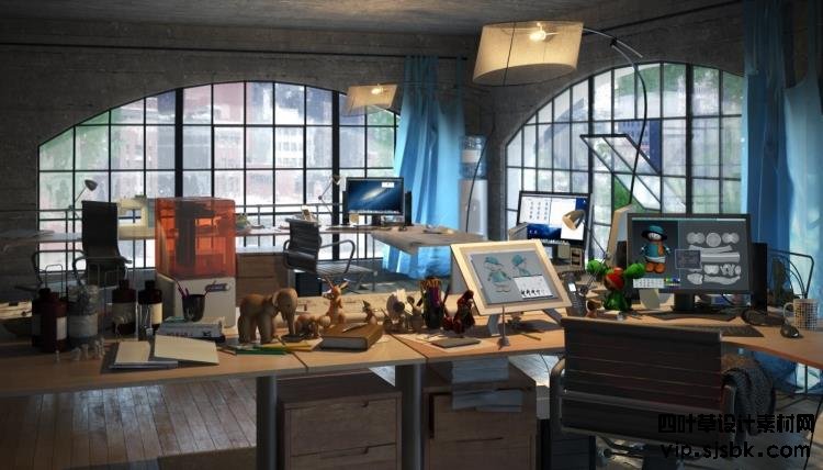 2017loft工业风格办公室装修设计3D模型效果图桌椅3Dmax模型素材-第11张图片